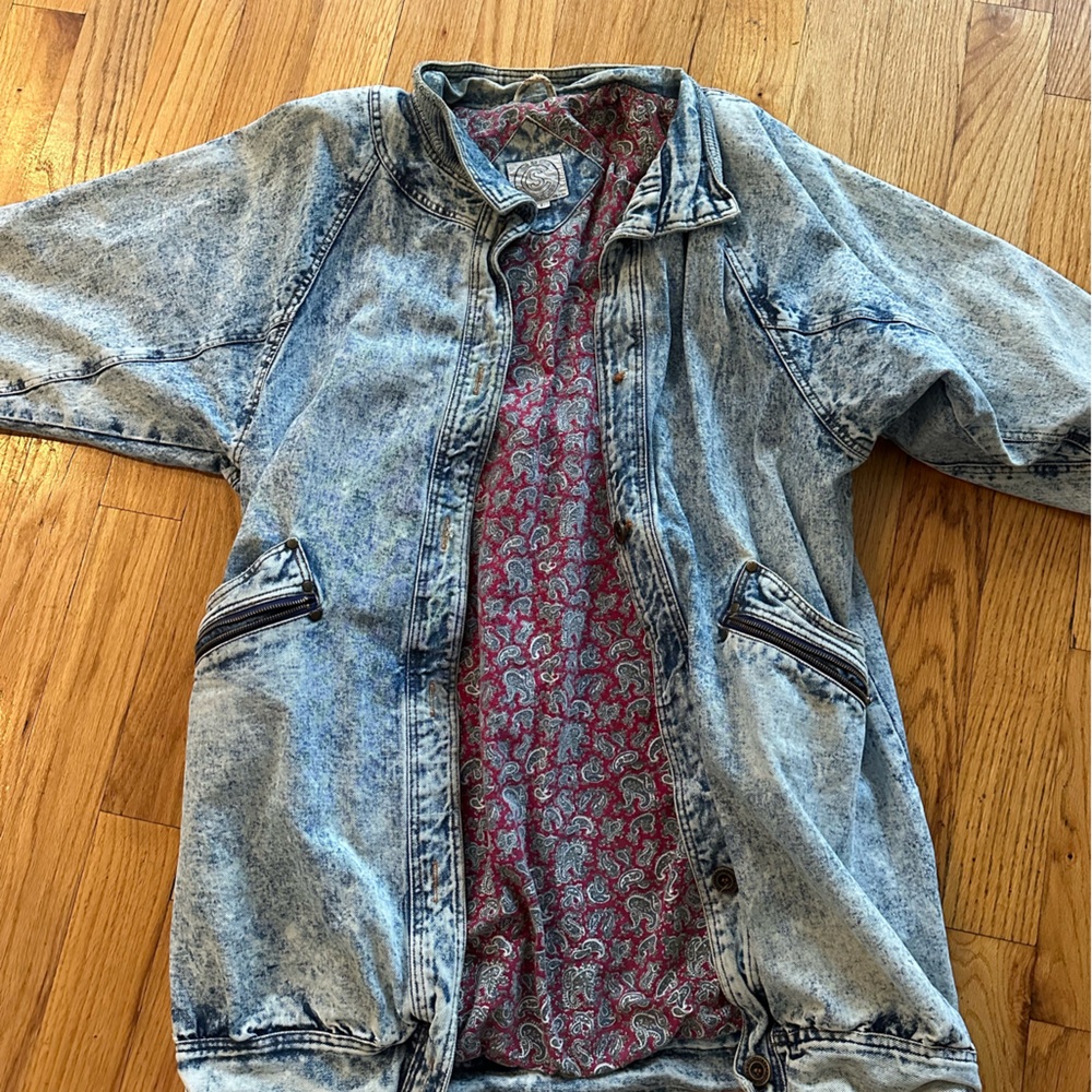 Vtg Acid Wash Denim Long Trench Jean Jacket